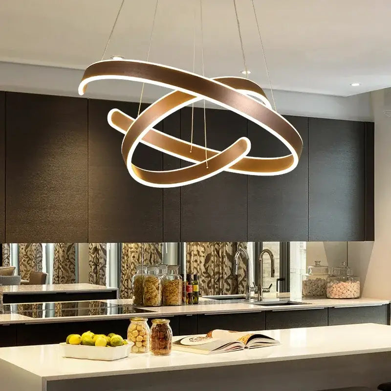 Modern bronze geometry circle rings led pendant light with intertwined circular rings and glowing white illumination