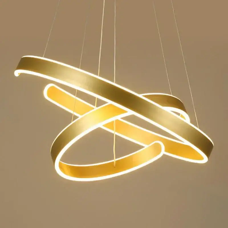 Modern bronze pendant light featuring gold-colored geometry circle rings with three interlocking LED rings for living room use