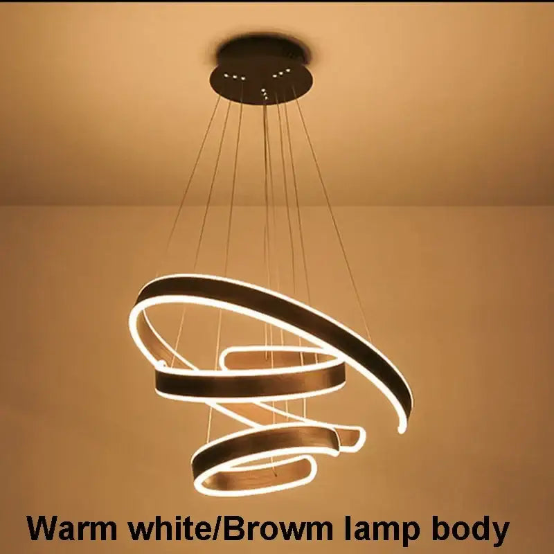 Modern bronze pendant light with warm white led geometry circle rings and brown lamp body for living room use