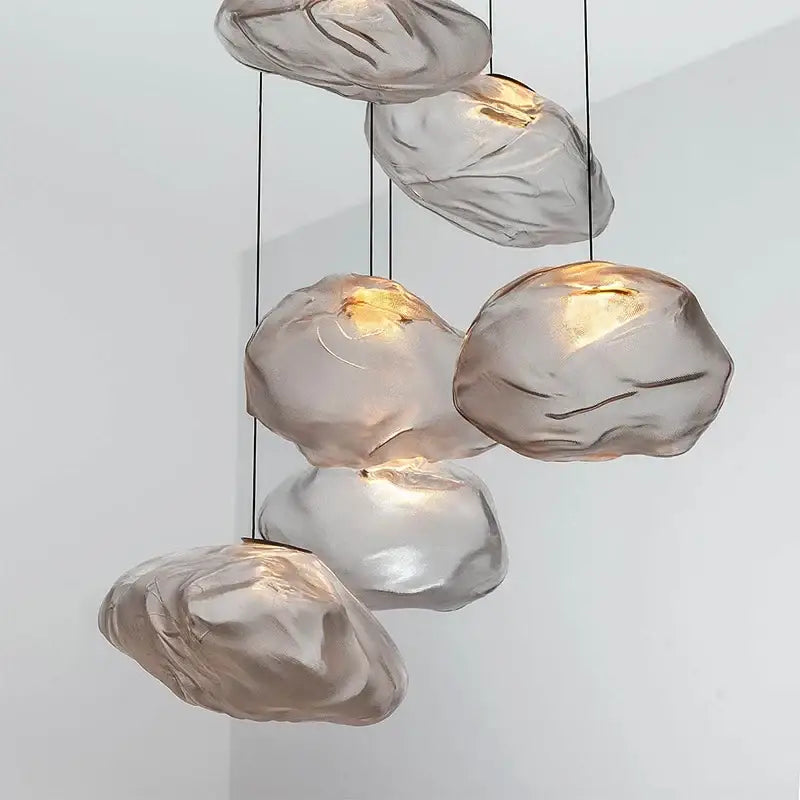 Modern bronze glass cloud chandelier pendant lamp with translucent irregularly shaped fixtures for staircase decorbites