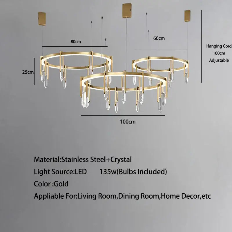 Modern bronze led crystal hanging lamp with gold two interlocking circular frames and dangling crystal droplets for decorbites bronze led use