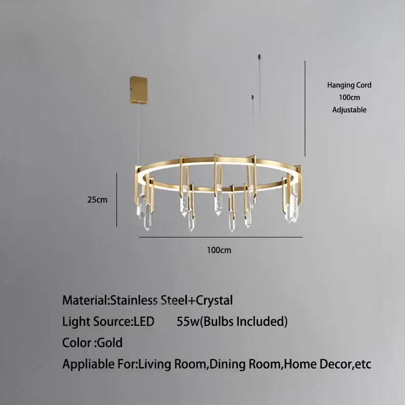 Modern bronze led crystal hanging lamp featuring a gold circular chandelier with stainless steel frame and crystal droplets