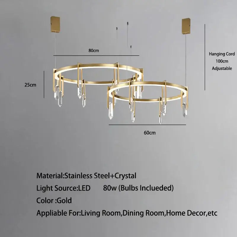 Modern bronze led crystal hanging lamp with gold-toned stainless steel rings and crystal droplets for living room decorbites bronze led