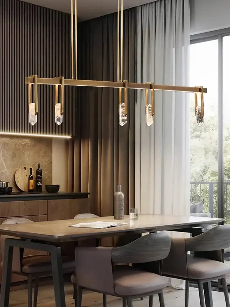 Modern bronze led crystal hanging lamp with gold-toned rectangular pendant and five crystal droplets for living room decorbites bronze led