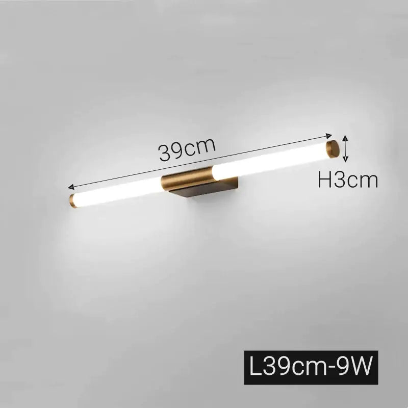 Modern bronze led mirror front wall lamp with sleek white cylindrical tube and brushed brass accents by decorbites bronze led