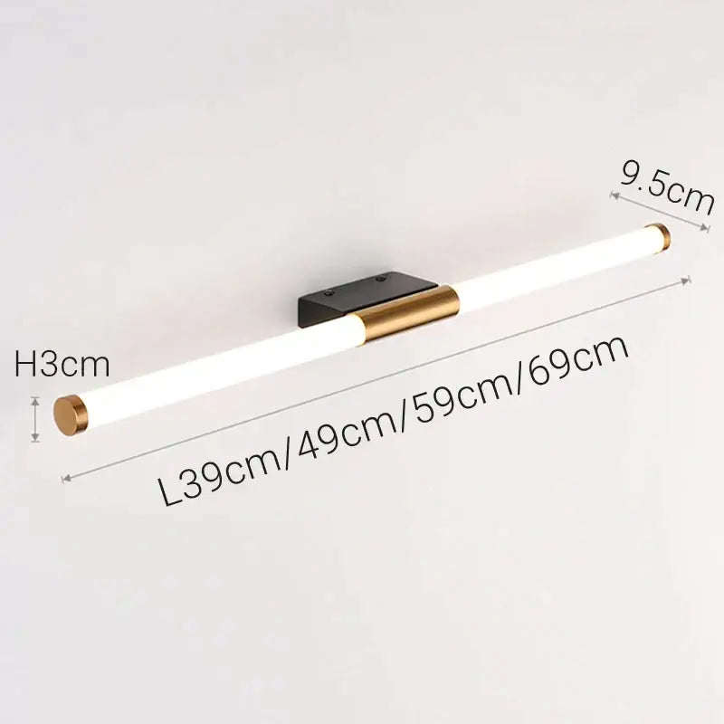 Modern bronze led mirror front wall lamp with minimalist white cylindrical light, brass end caps, and black matte bracket by decorbites bronze led