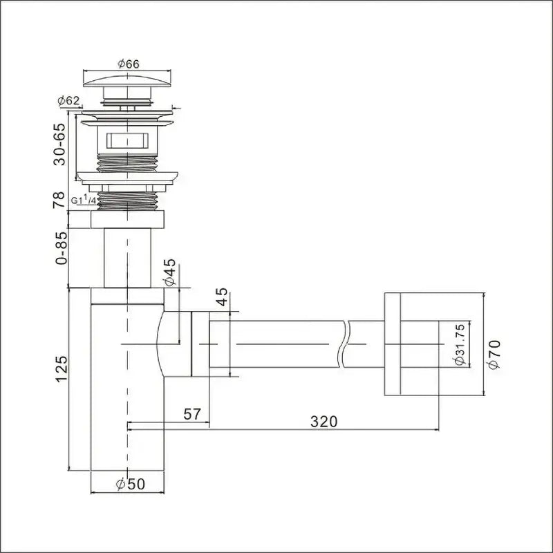 Technical drawing of decorbites bronze round siphon bottle trap bathroom sink drain pipe with chrome finish and dimensions