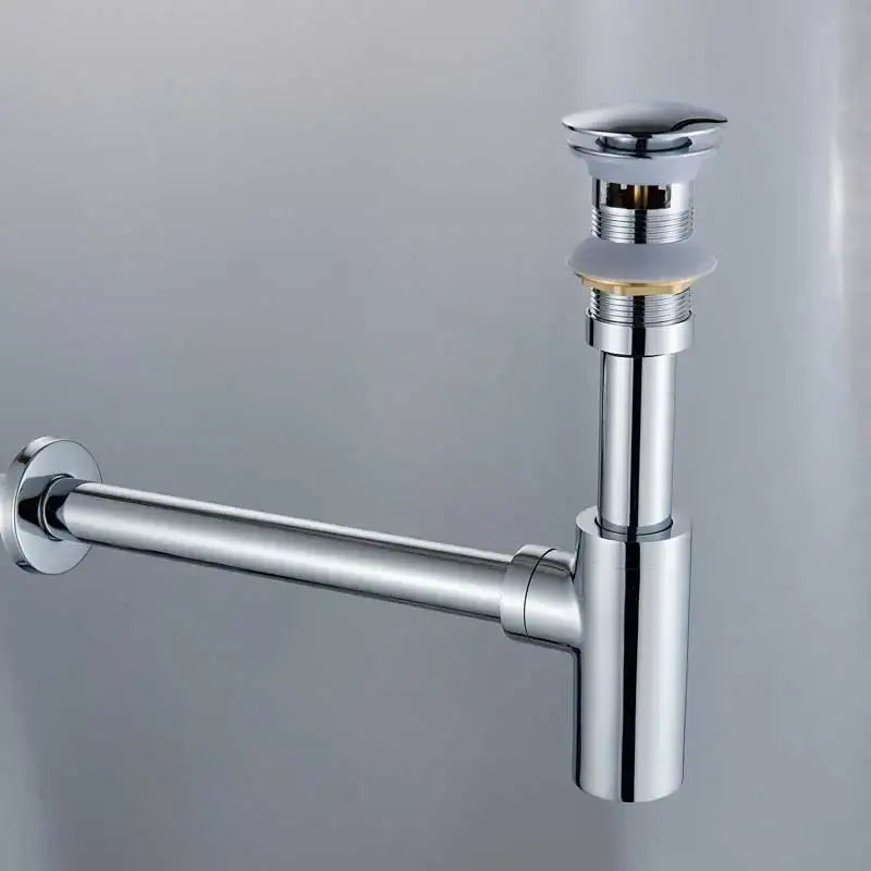 Chrome-finished p-trap sink drain with sleek modern design and threaded connections for decorbites bronze round siphon