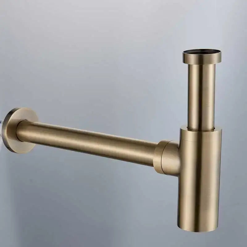 Modern bronze round siphon bottle trap bathroom sink drain pipe in brass with a sleek t-shaped matte finish and polished edges