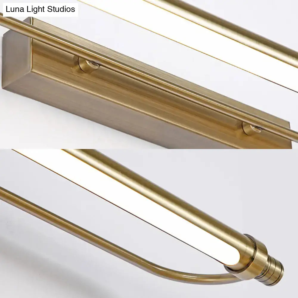 Modern bronze tubed vanity light fixture with brass finish and integrated led warm white lighting for bathroom use