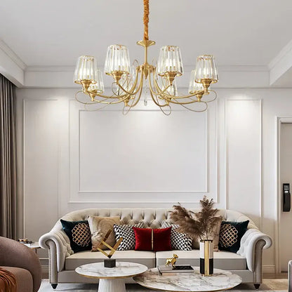 Modern light luxury bronze villa copper chandelier with gold tones, clear ribbed glass shades, and twisted rope fixture