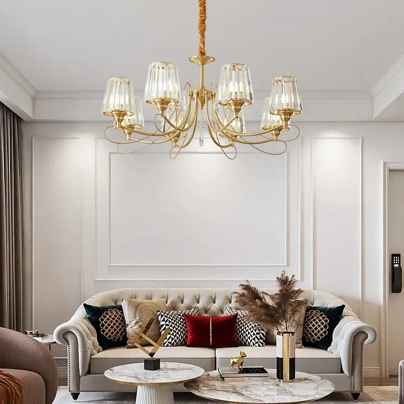 Modern light luxury bronze villa copper chandelier with gold tones, clear ribbed glass shades, and twisted rope fixture