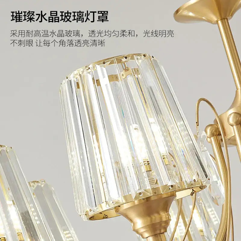 Modern bronze villa copper chandelier with gold-toned faceted crystal glass shade for living room luxury light