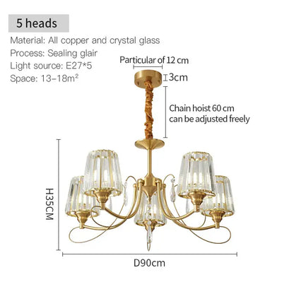 Modern bronze villa copper chandelier with five gold-toned ribbed glass shades and twisted copper chain for living room luxury light