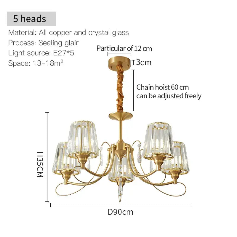 Modern bronze villa copper chandelier with five gold-toned ribbed glass shades and twisted copper chain for living room luxury light