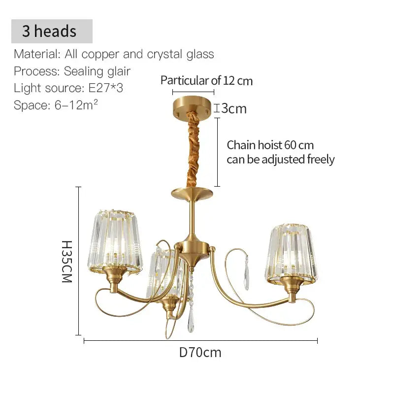 Modern bronze villa copper chandelier with gold-toned three heads crystal glass shades and twisted chain luxury light