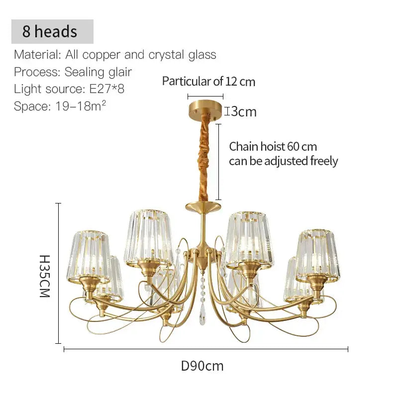 Modern bronze villa copper chandelier with eight crystal ribbed glass shades and copper arms for living room luxury light