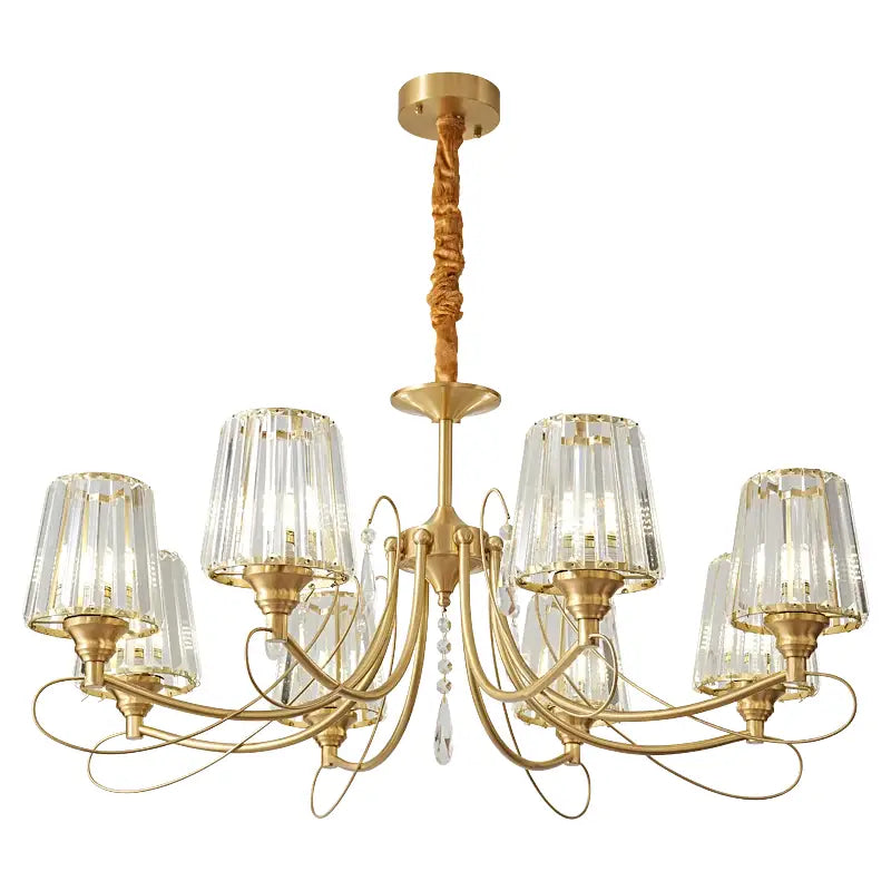 Modern bronze villa copper chandelier with gold-toned twisted stem and five arms holding clear crystal lampshades for luxury light