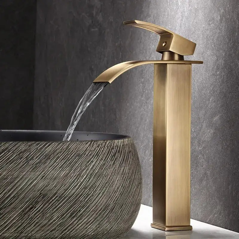 Modern bronze waterfall basin faucet with brass finish and rectangular spout for stylish bathroom sink mixer tap