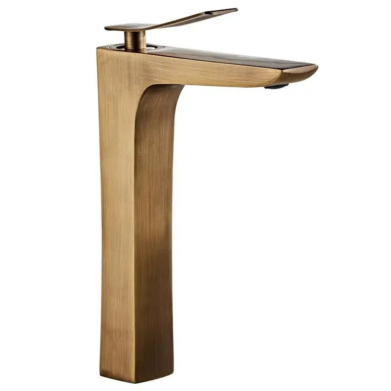 Modern bronze basin faucet with brass finish tall sleek minimalist design and flat spout for bathroom sink use