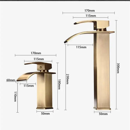 Modern bronze basin faucet with gold-toned rectangular design and sleek curved spout for bathroom decorbites basin faucet