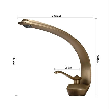Brass-finished modern bronze waterfall bathroom faucet with sleek curved design and integrated handle for hot and cold use