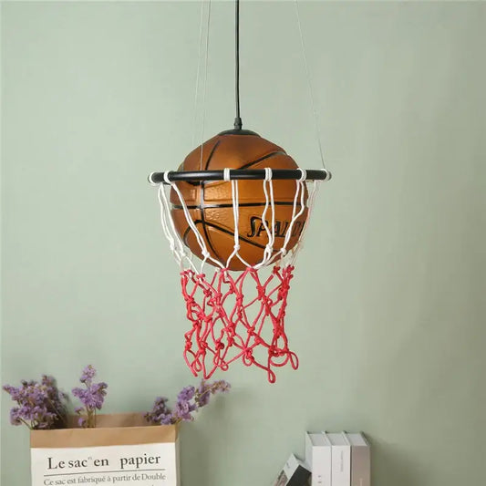 Modern brown basketball pendant lights featuring a spalding basketball and a red white miniature hoop decorbites basketball pendant