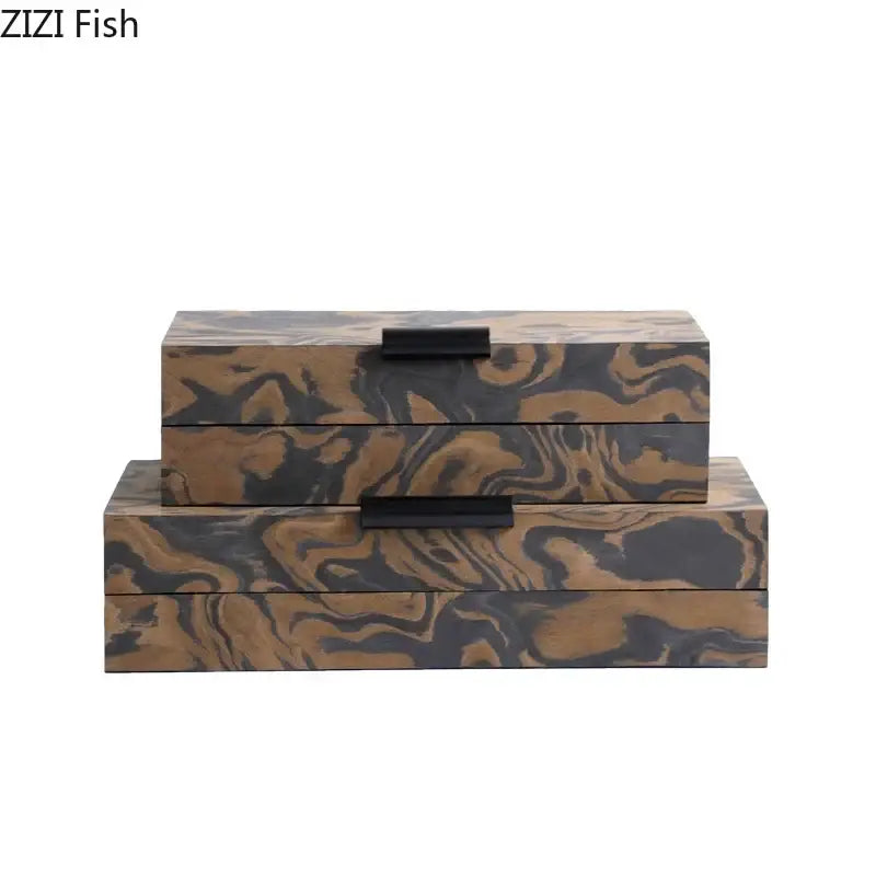 Set of three rectangular wooden jewelry boxes with modern brown and black auspicious clouds texture and black metal handles