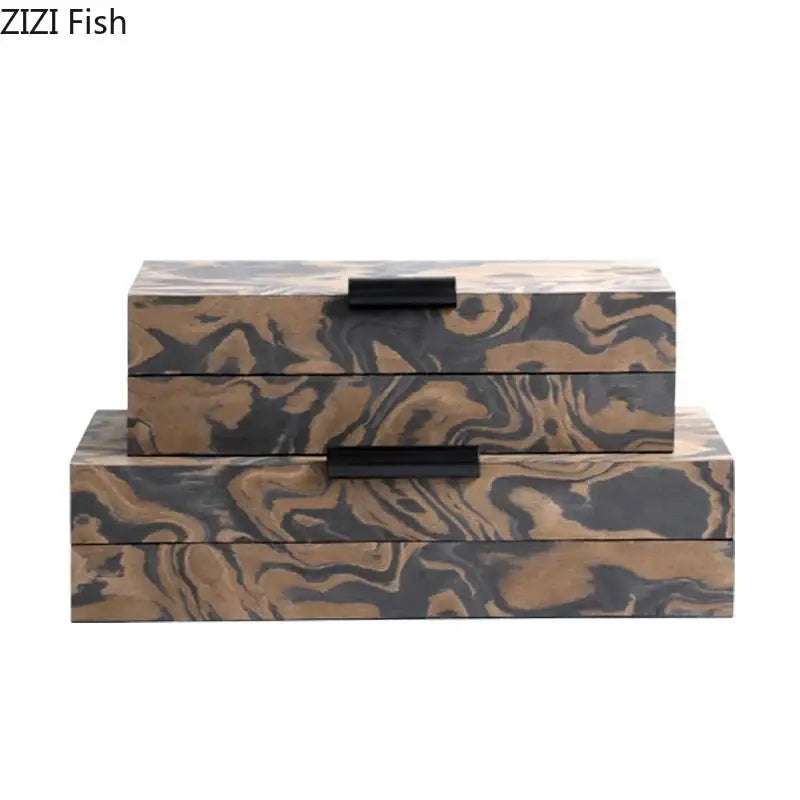 Set of three rectangular wooden jewelry boxes with modern brown and black auspicious clouds texture and black handles