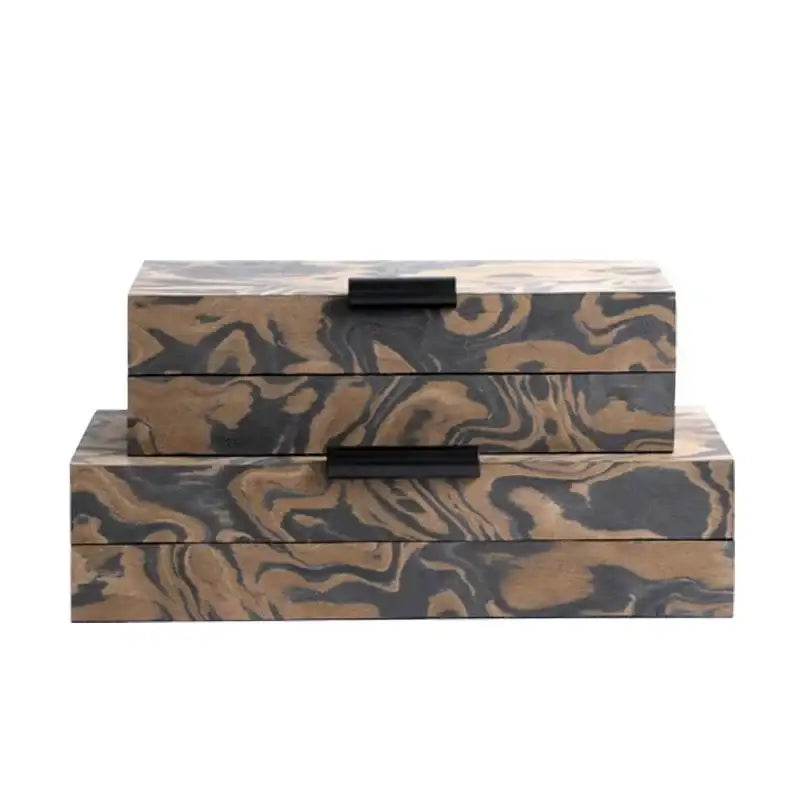 Set of three rectangular wooden jewelry boxes with black and brown auspicious clouds texture and sleek black handles