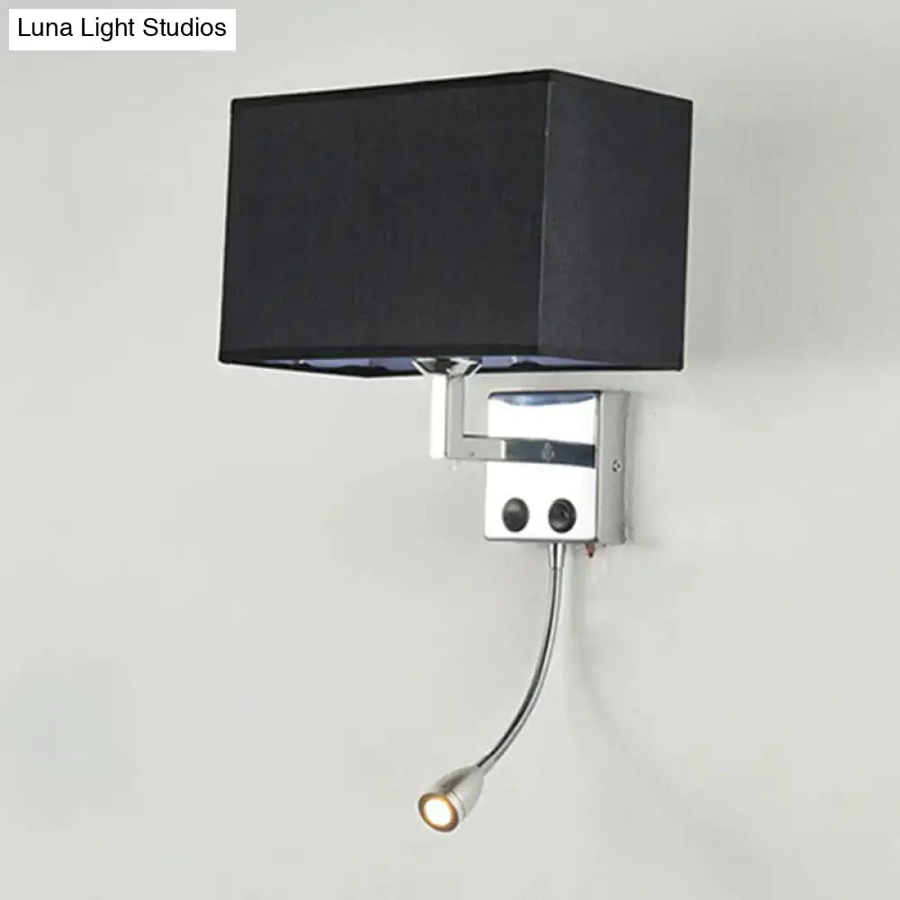 Modern brown and chrome bedroom spotlight wall lamp with black fabric shade and adjustable gooseneck wall light