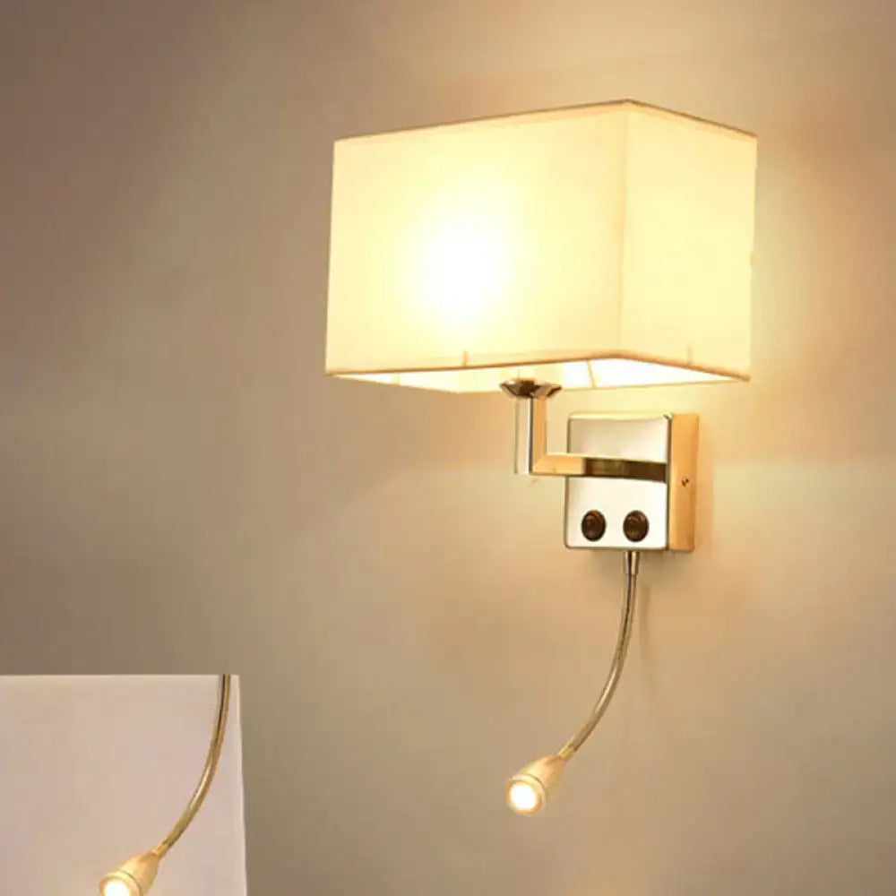 Modern brown and chrome bedroom spotlight wall lamp with cream fabric shade and adjustable gooseneck wall light