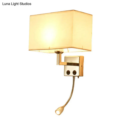 Modern brown and chrome bedroom spotlight wall lamp with gold finished adjustable gooseneck wall light and fabric shade