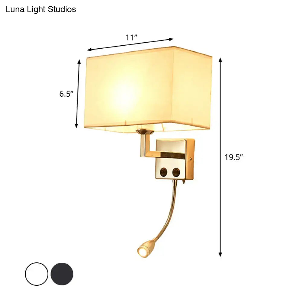 Gold-finished wall lamp with rectangular cream fabric shade and adjustable gooseneck bedroom spotlight wall light