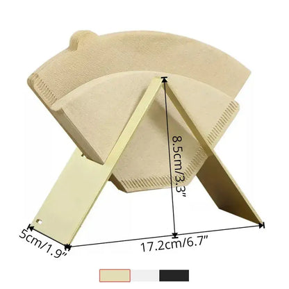 Beige ceramic coffee filter with triangular stand in modern brown metallic filter holder kitchen storage rack decorbites coffee filter