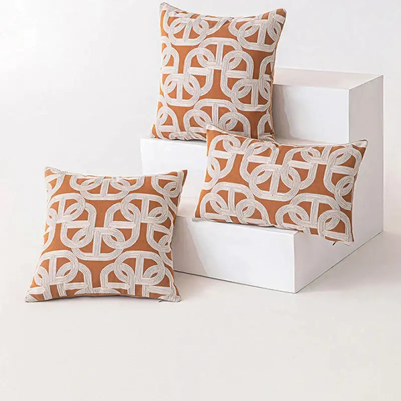 Caramel-colored modern brown coffee geometric cushion cover with white embroidered chain-link pattern for living room decorbites brown coffee pillow case