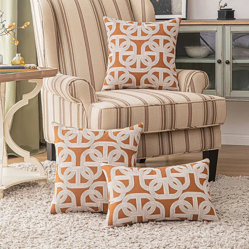 Modern brown coffee geometric cushion cover with orange and white pattern for living room decorbites brown coffee pillow