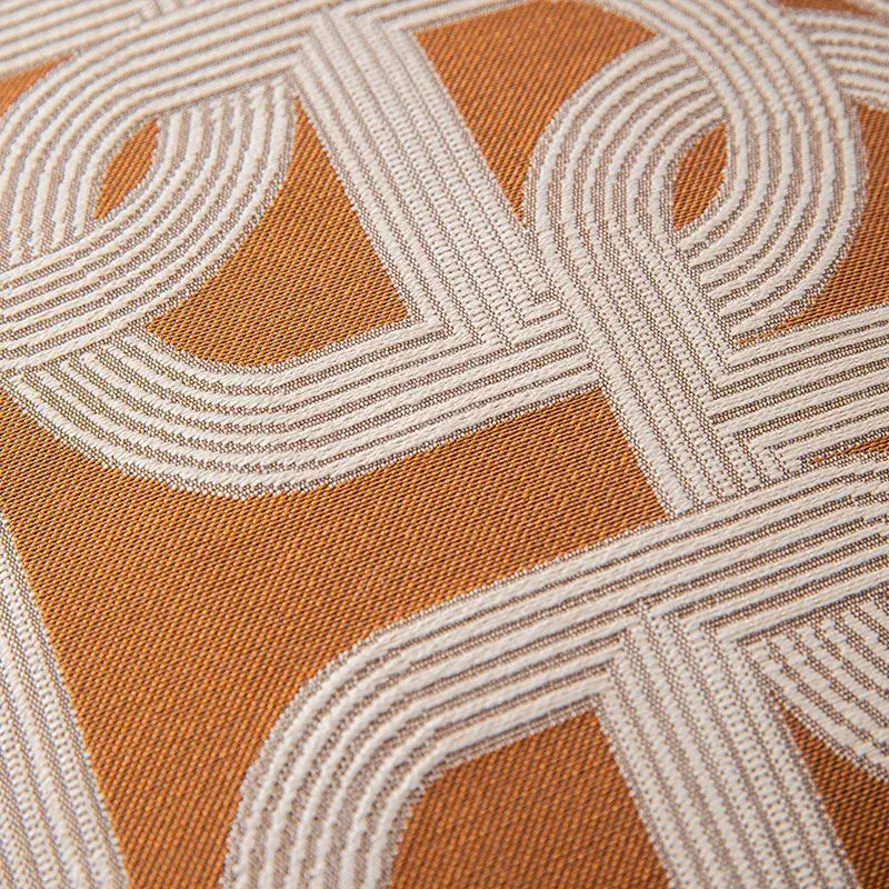 Modern brown coffee geometric cushion cover in orange fabric with interwoven white and beige lines for living room decorbites brown coffee
