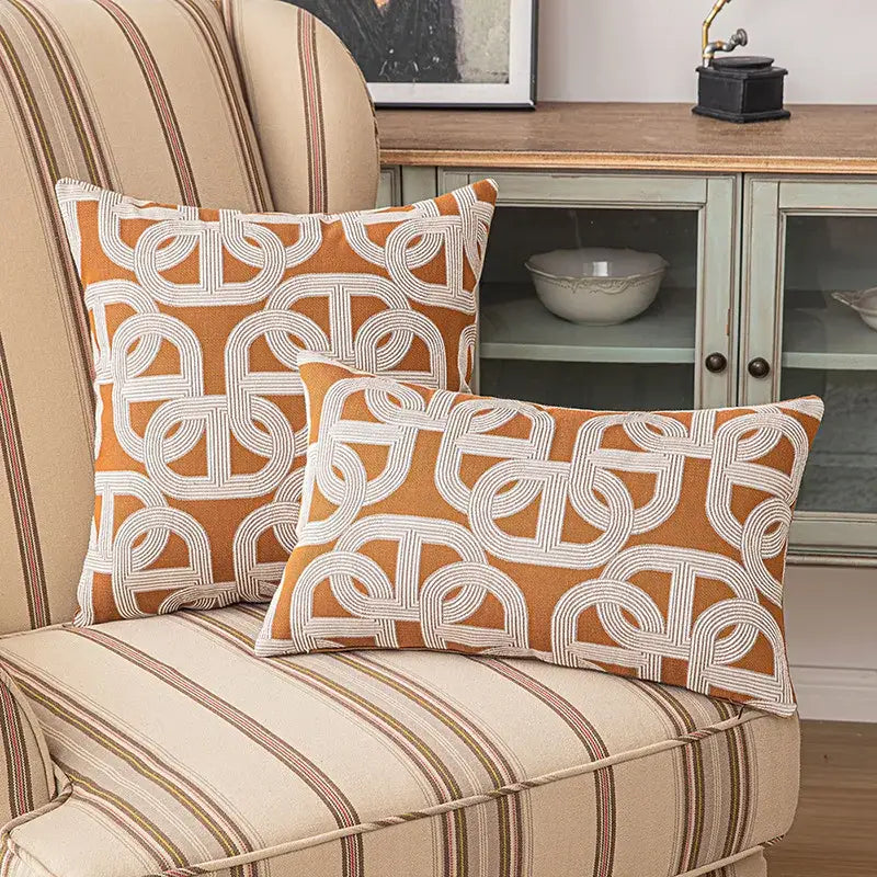 Modern brown coffee geometric cushion cover with orange and white pattern for living room decorbites pillow case