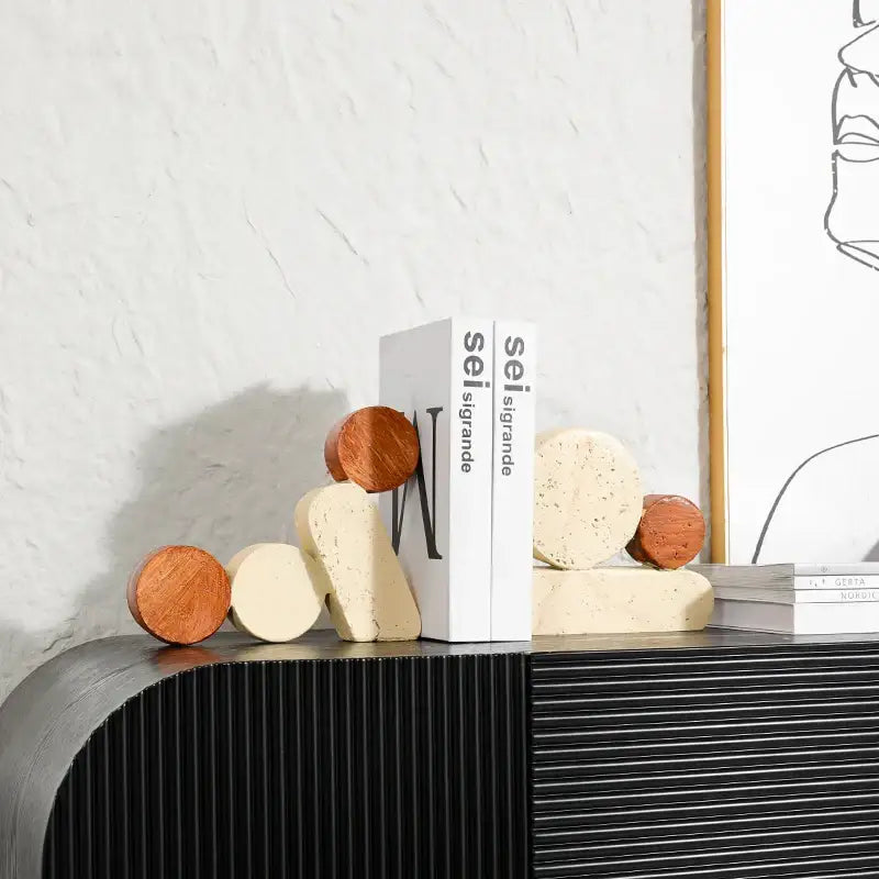 Modern brown and cream geometric circle resin handicrafts bookends made of natural wood and textured stone for living room decorbites geometric circle