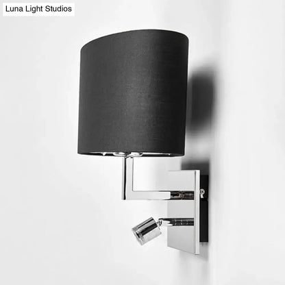 Black cylindrical fabric lampshade wall light mounted on chrome finished adjustable spotlight bedroom sconce