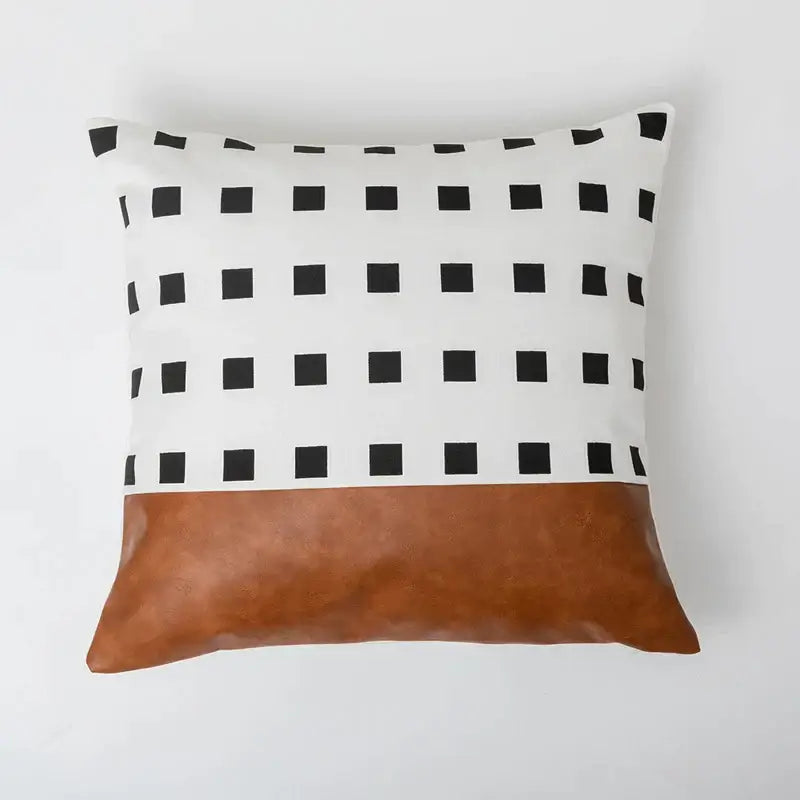 Modern brown faux leather and geometric pillow cover with white grid fabric top and tan faux leather bottom for decorbites decor