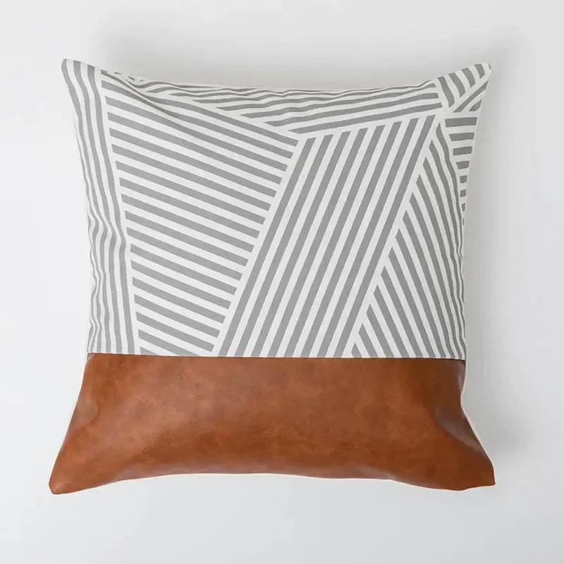 Modern brown faux leather pillow cover with gray and white geometric diagonal stripes for living room decor