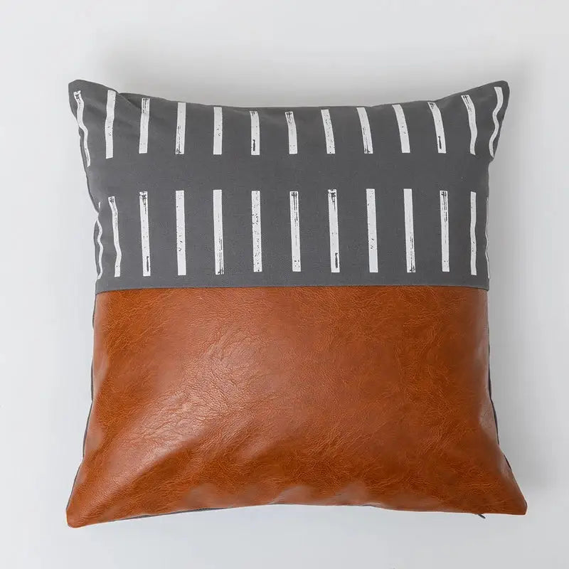 Modern brown faux leather and geometric pillow cover with gray and white striped top half for living room decorbites brown faux decor