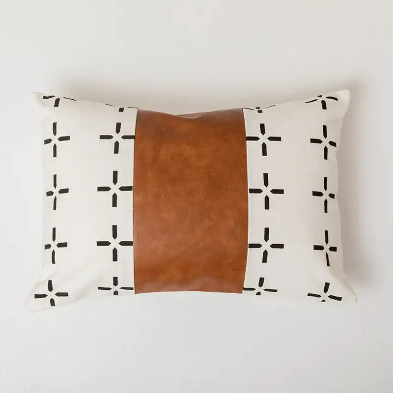 Rectangular pillow cover with tan faux leather center and white black crosshatch fabric for modern living room decorbites brown faux