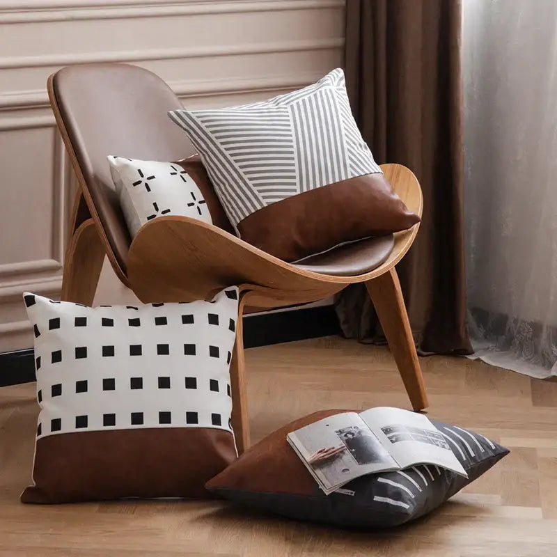 Modern brown faux leather and fabric pillow cover with geometric black and white patterns for living room decorbites brown faux decor