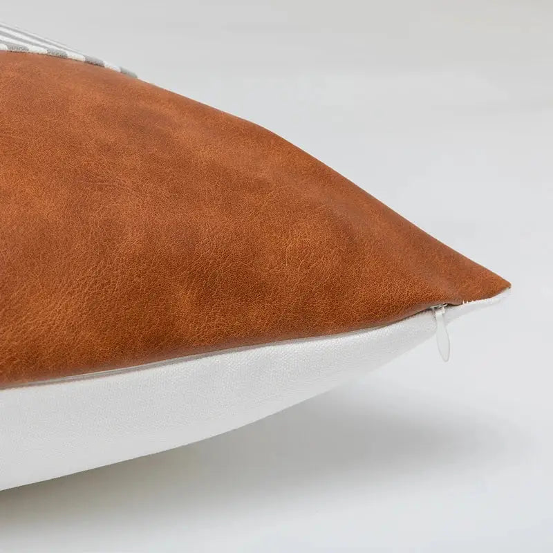 Modern brown faux leather pillow cover with white underside and silver zipper detail for living room decorbites brown faux decor