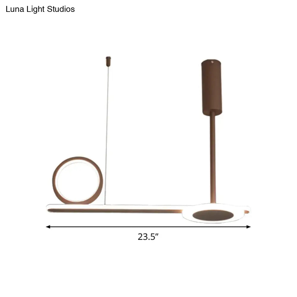 Modern brown metal ring hanging light with bronze finish and two circular leds for bedroom pendant lighting