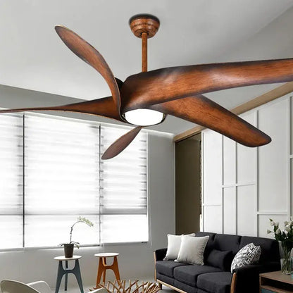A rustic wooden brown vintage ceiling fan with five curved blades and led light for modern living room decorbites