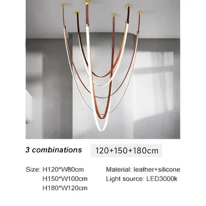 Modern chandelier with curved leather and silicone bands in white brown and copper tones decorbites designer belt light